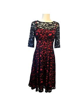 Adrianna Papell Lace Over Red Fit and Flare Whimsigoth Witchy  Midi Dress Sz. 2